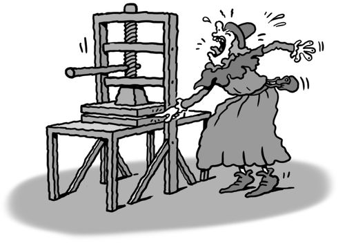 A medieval printer screaming because his finger is caught in wooden printing press.