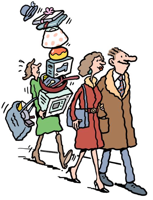 Husband and wife with their shopping assistant struggling to carry all their purchases.