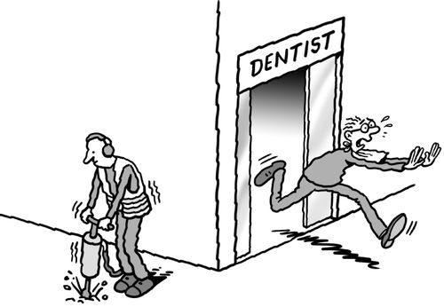 A dental patient running away from sound of road drill