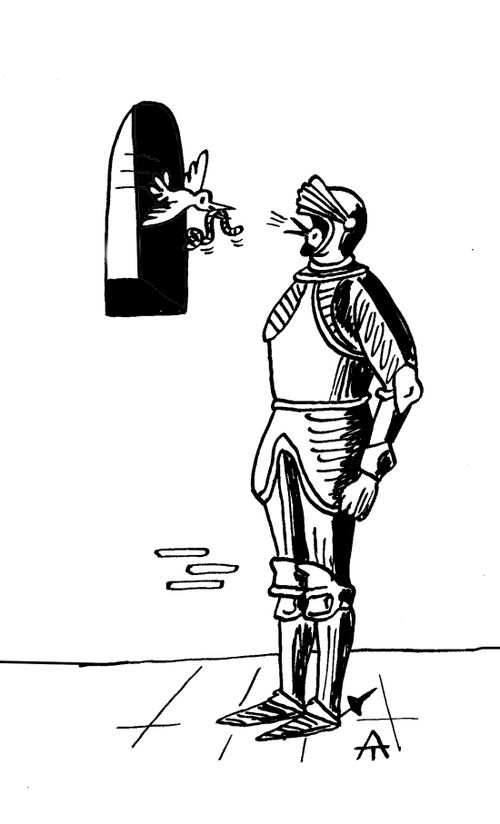 Bird feeding chick that is nesting in a knight's helmet