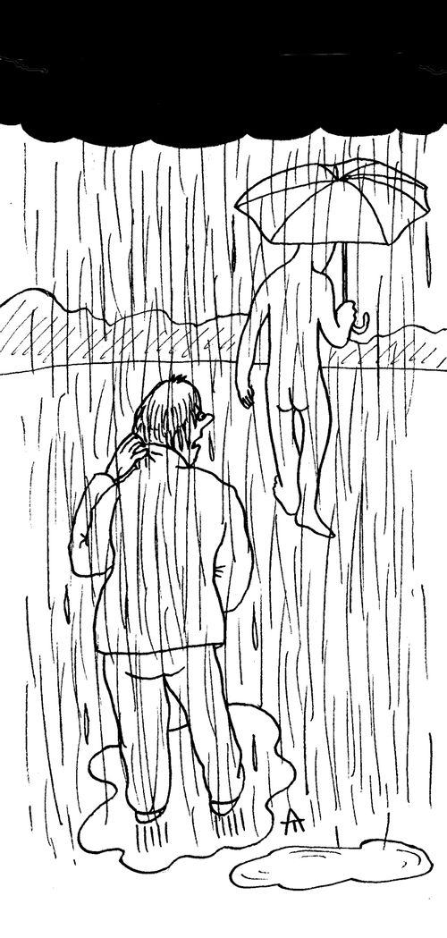 Naked man walking in the rain under an umbrella.