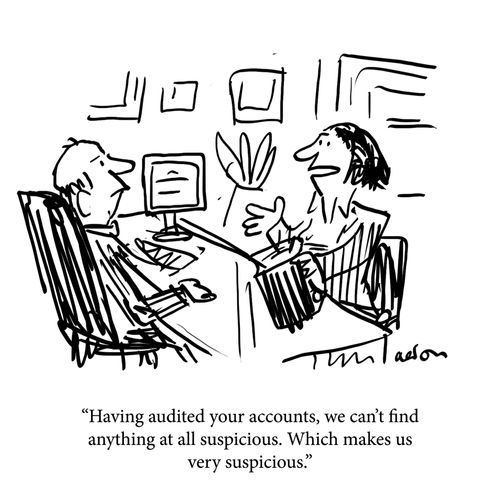"Having audited your accounts, we can't find anything at all suspicious. Which makes us very suspicious."
