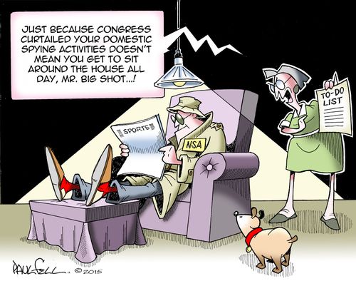 "Just because congress curtailed your domestic spying activities doesn't mean you got to sit around the house all day, Mr. Big Shot...!"