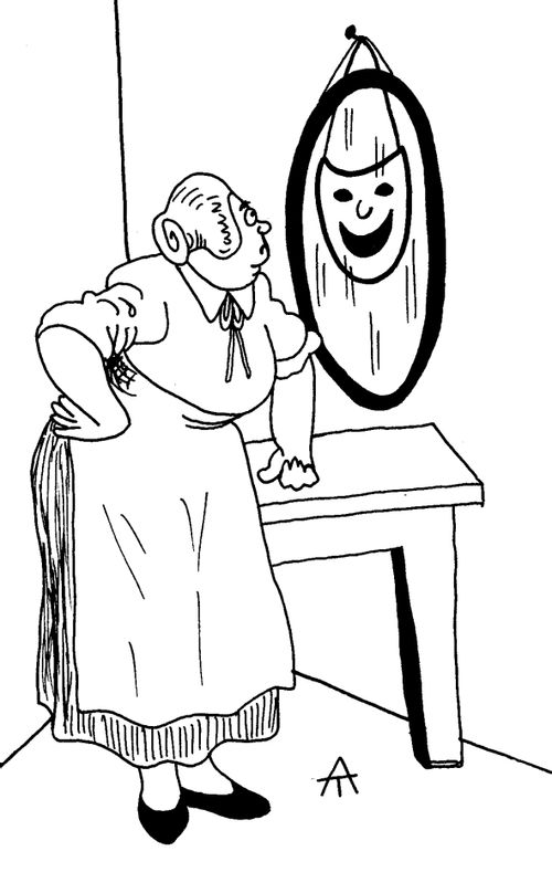 Woman hangs happy mask in from of mirror so she doesn't see her real face.