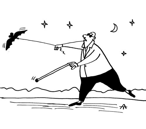 Blind man being led by a bat.