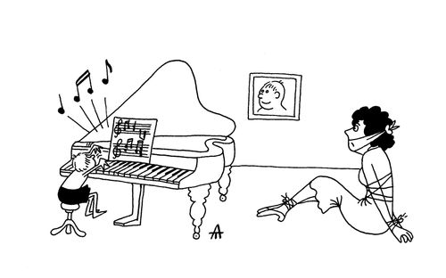 Women tied up and forced to listen to piano practice.