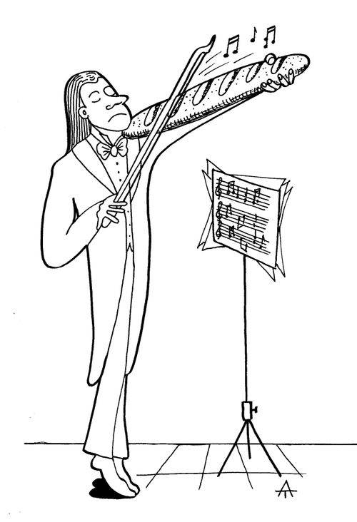 Violinist playing a loaf of bread.