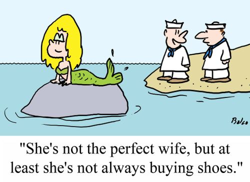 "She's not the perfect wife, but at least she's not always buying shoes."