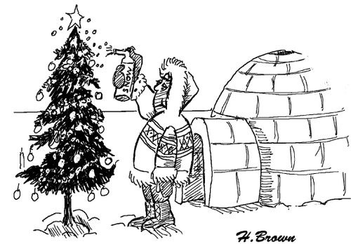 Eskimo putting fake snow on his Christmas tree