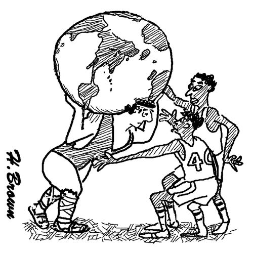 Atlas playing basketball with the world.