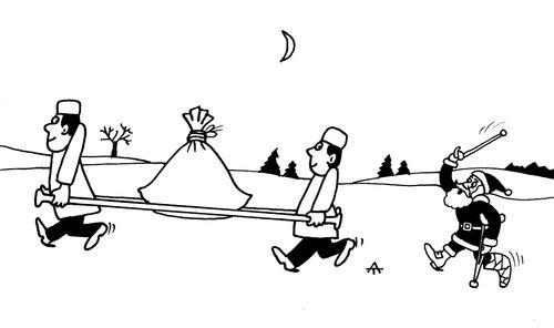 Santa Claus chasing after paramedics who have stolen his presents.