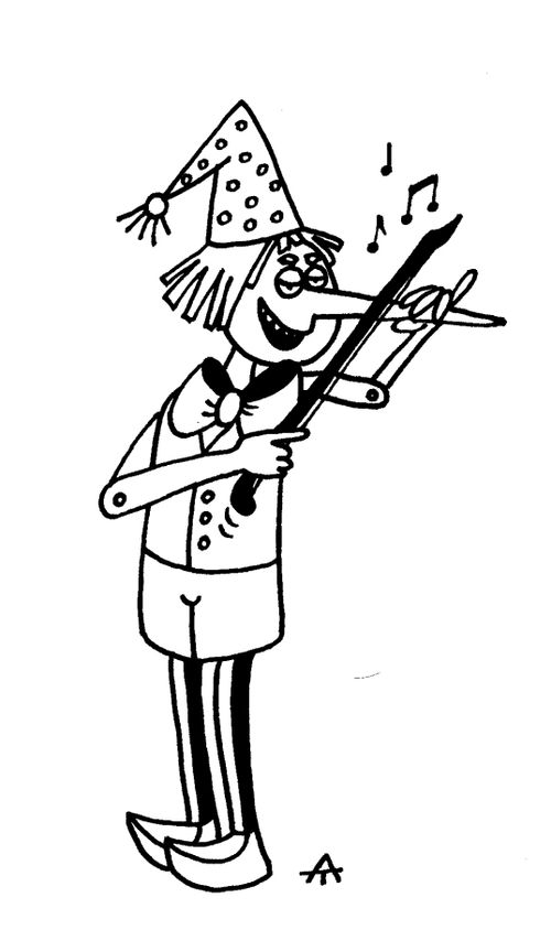 Pinocchio using his nose as a fiddle