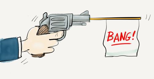 A revolver being fired with a joke banner emerging from barrel saying "Bang!"