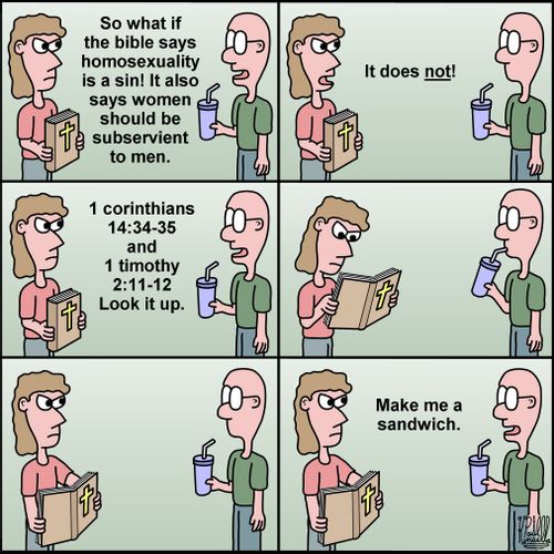 "So what if the bible says homosexuality is a sin! It also says women should be subservient to men.'