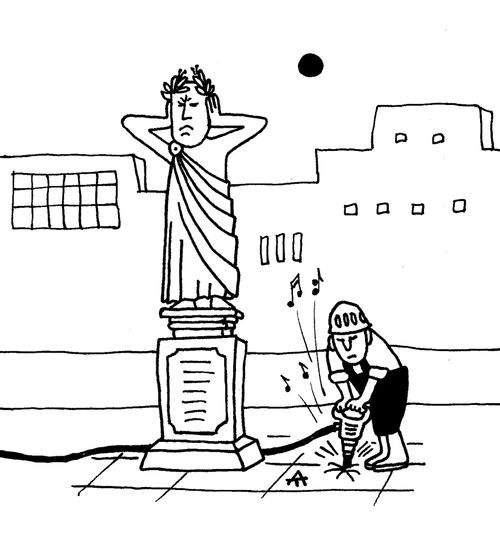 A noisy drill annoys a statue.