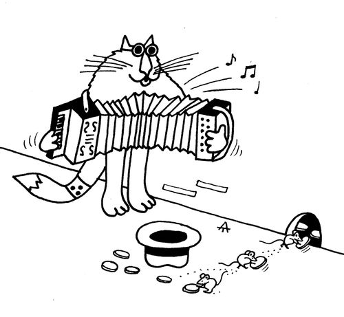 Mice stealing a busking cats money.