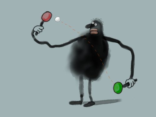 A fuzzy monster plays ping pong with himself