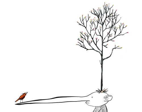 A man with a tree on his head with a bird perched on his nose