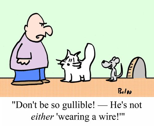"Don't be so gullible! - He's not EITHER' wearing a wire!"