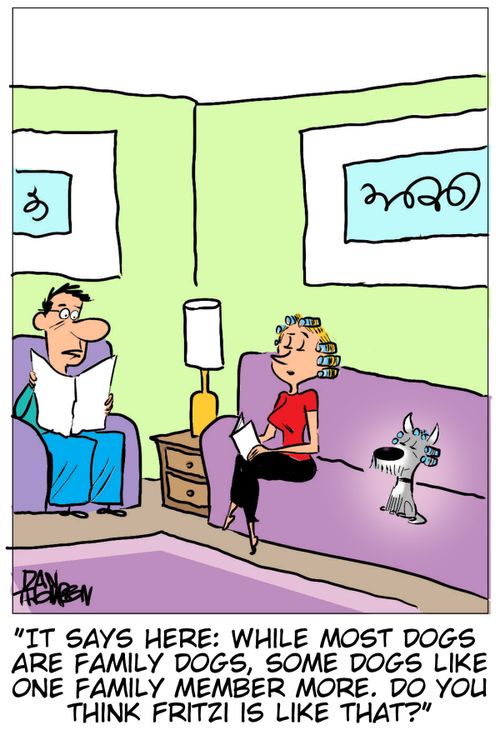 'It says here: while most dogs are family dogs, some dogs like one family member more. Do you think Fritzi is like that?'