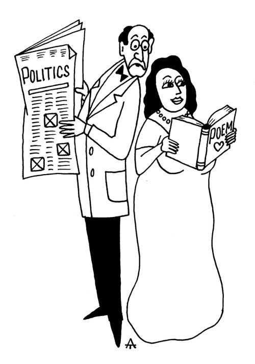 A man reads a woman's poetry book instead of the morning paper.