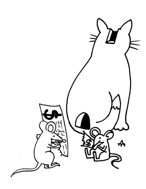 Mice stealing money from a cat moneybox.
