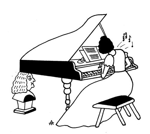 Piano being held up by a bust.