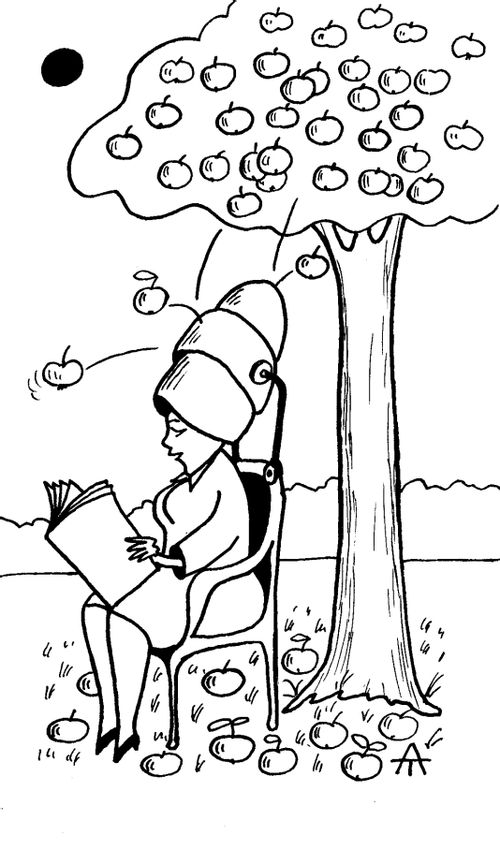 Woman wears a hat so she can protect herself from falling apples.