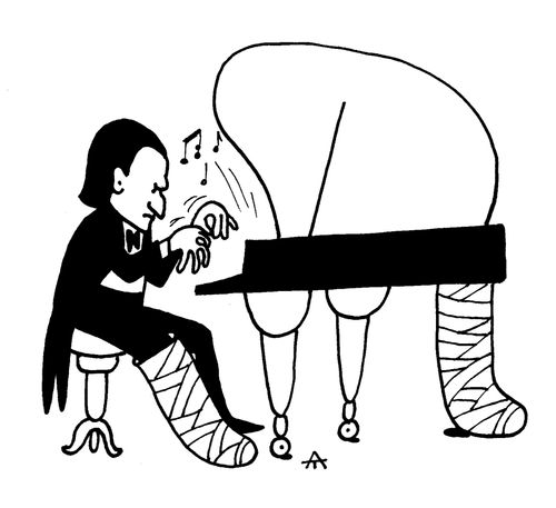 Piano and Pianist with broken legs.