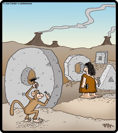 Monkey invents the wheel, while a caveman looks on with failed wheel prototypes.
