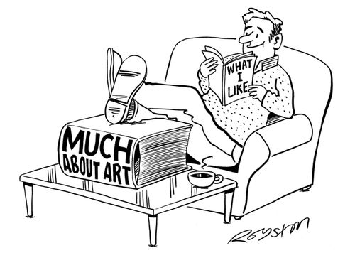 Man rests feet on coffee table book "Much About Art" while intently reading pamphlet "What I Like".