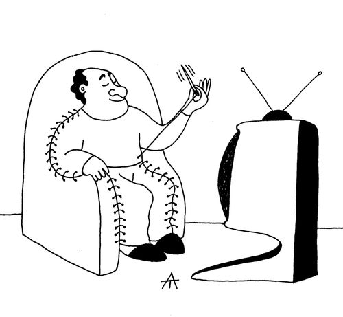 Man sewing himself into a chair.