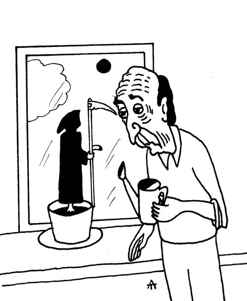 Old man watering Death.