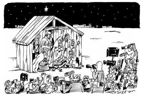 Media press pack outside stable where Jesus is born