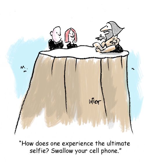 "How does one experience the ultimate selfie? Swallow your cell phone."