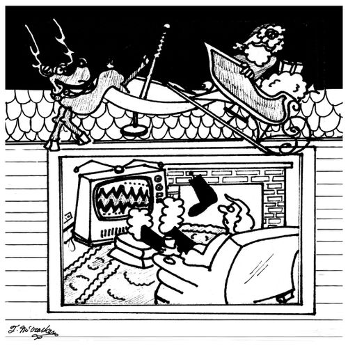Santa Claus's sled runs into satellite dish on a roof thus messing up the picture on a TV in the living room.