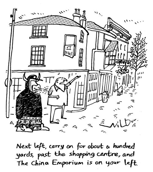 "Next left, carry on for about a hundred yards, past the shopping centre, and The China Emporium is on your left."