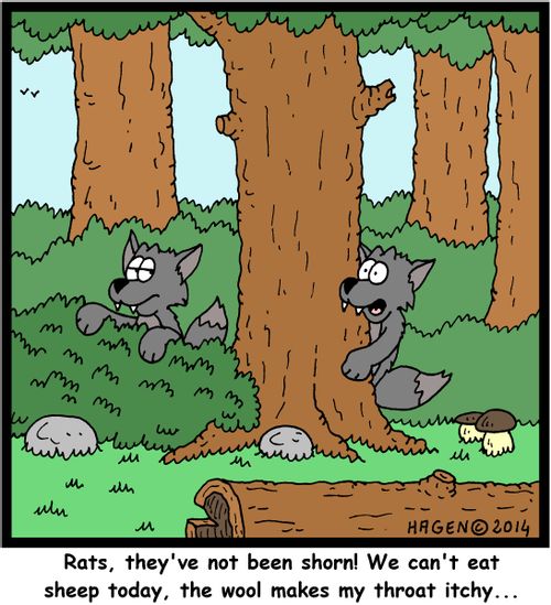 "Rats, they've not been shorn! We can't eat sheep today, the wool makes my throat itchy..."