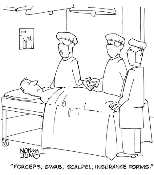 "Forceps, swab, scalpel, insurance forms."