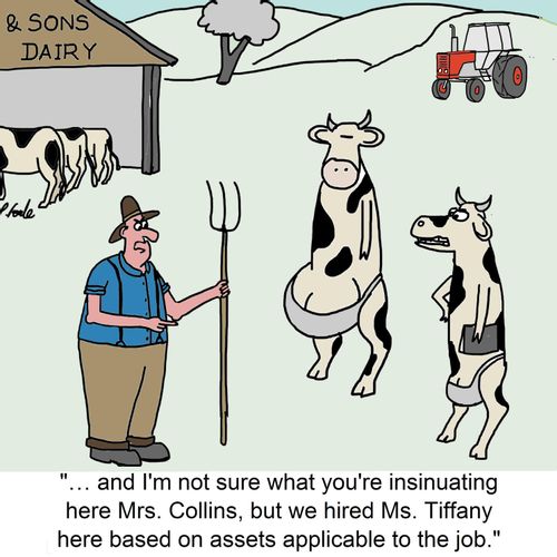 "I'm not sure what you're insinuating here Mrs. Collins, but we hired Ms. Tiffany here based on assets applicable to the job."