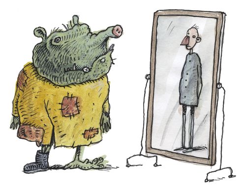 Ugly monster looks at normal reflection in mirror
