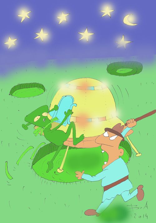 Farmer chasing alien leaving crop circles.