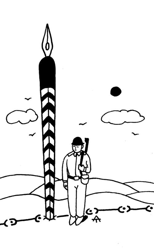 Man guarding a written border.