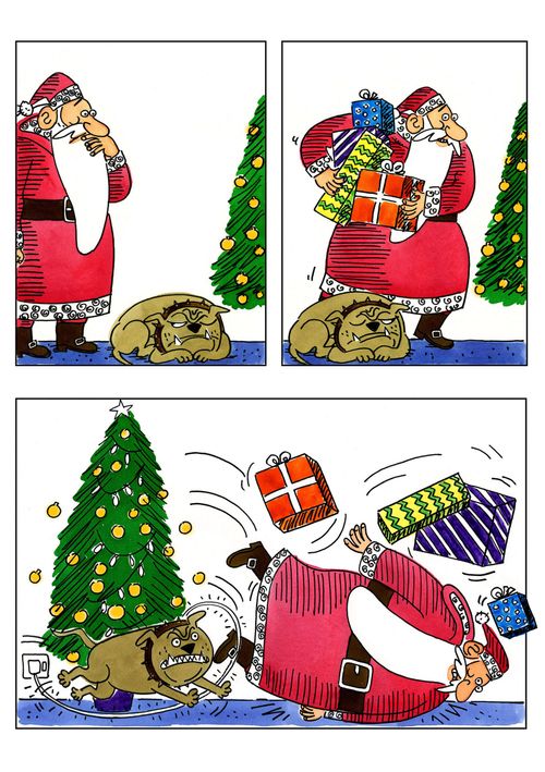 Santa Claus avoids sleeping dog and trips over Christmas tree lights.