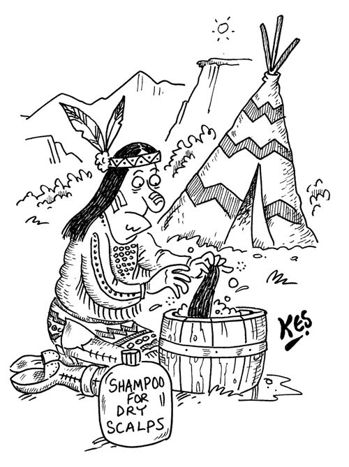 Native American washing a scalp with 'Shampoo for dry scalps.'