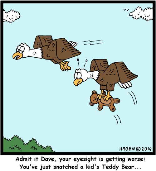 "Admit it Dave, your eyesight is getting worse: You've just snatched a kid's Teddy Bear..."