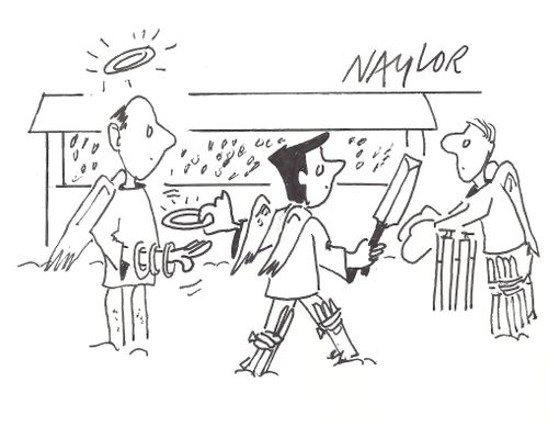 Umpire holds the halos of angels playing cricket.