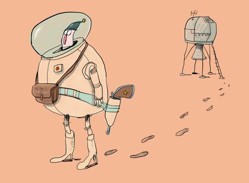 A spaceman with large gun and spacecraft in desert