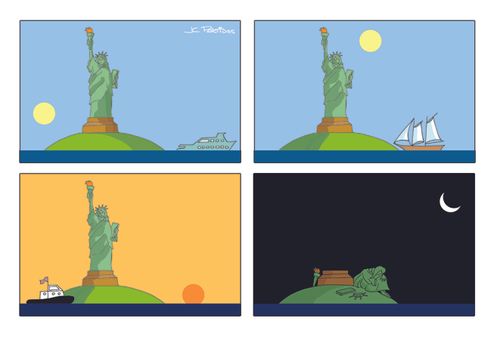 The Statue of Liberty stands up all day long and rests by night.