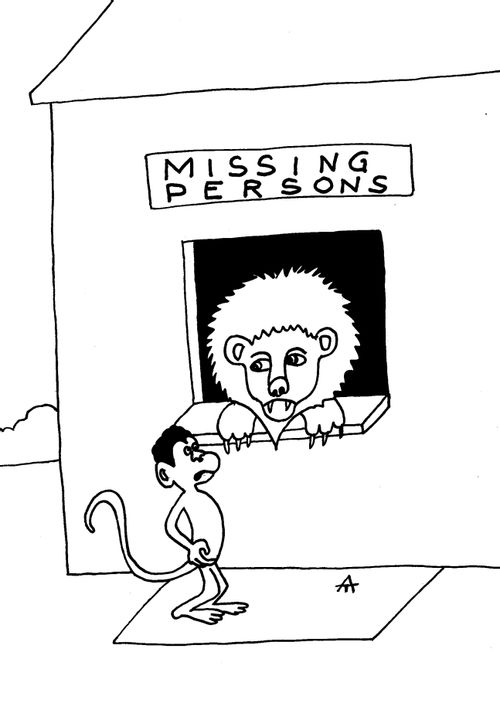 A guilty looking lion at the Missing Persons booth.